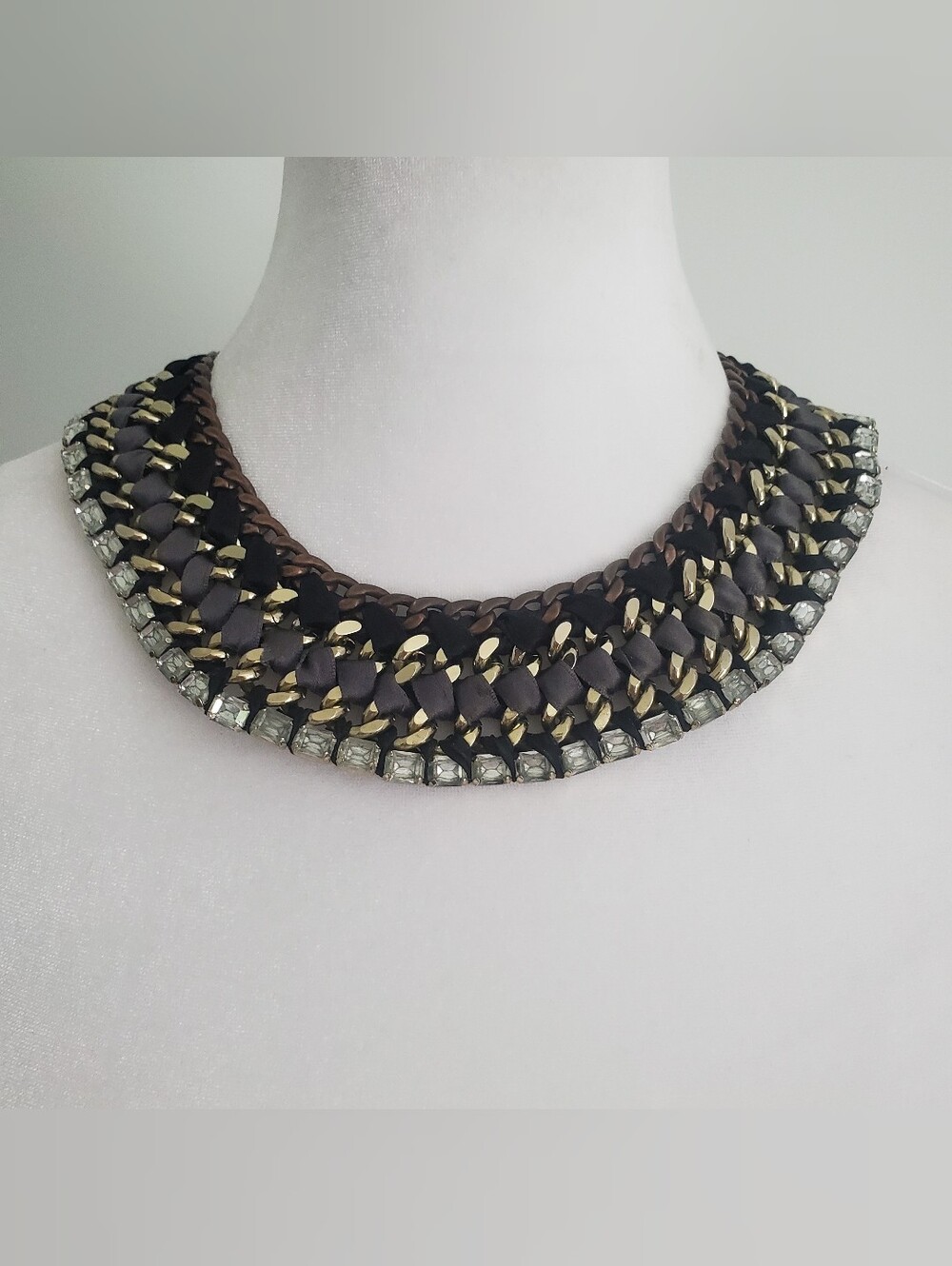 STELLA & DOT Temptest Statement Choker Necklace Layered Woven Ribbon & Chain